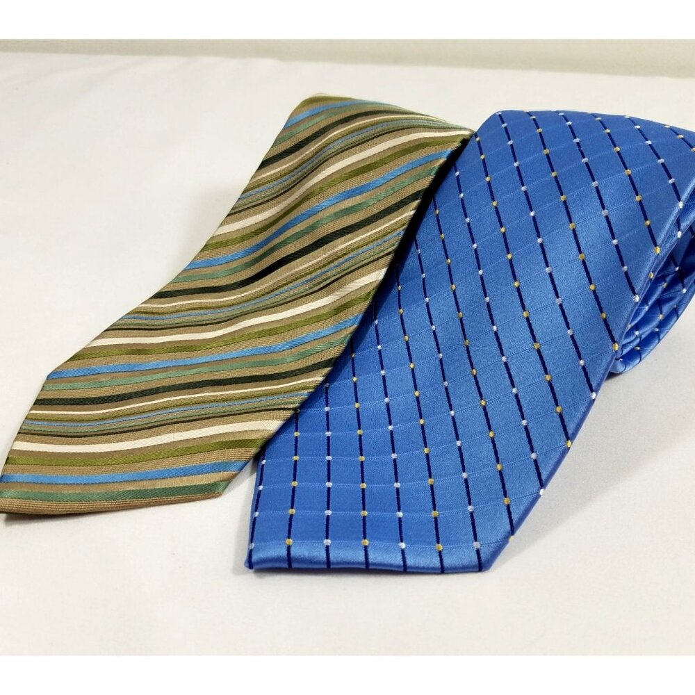 Geoffrey Beene Mens Necktie Silk lot of 2 Blue Dots Green Blue Tan Stripes ties